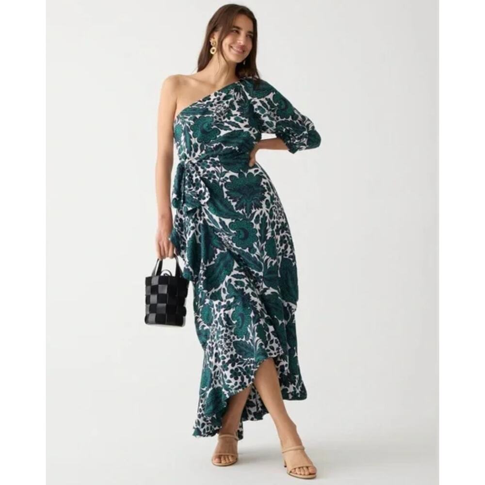 J. CREW Collection One Shoulder Ruffle Trim White‎ Green Blue Floral Print Maxi